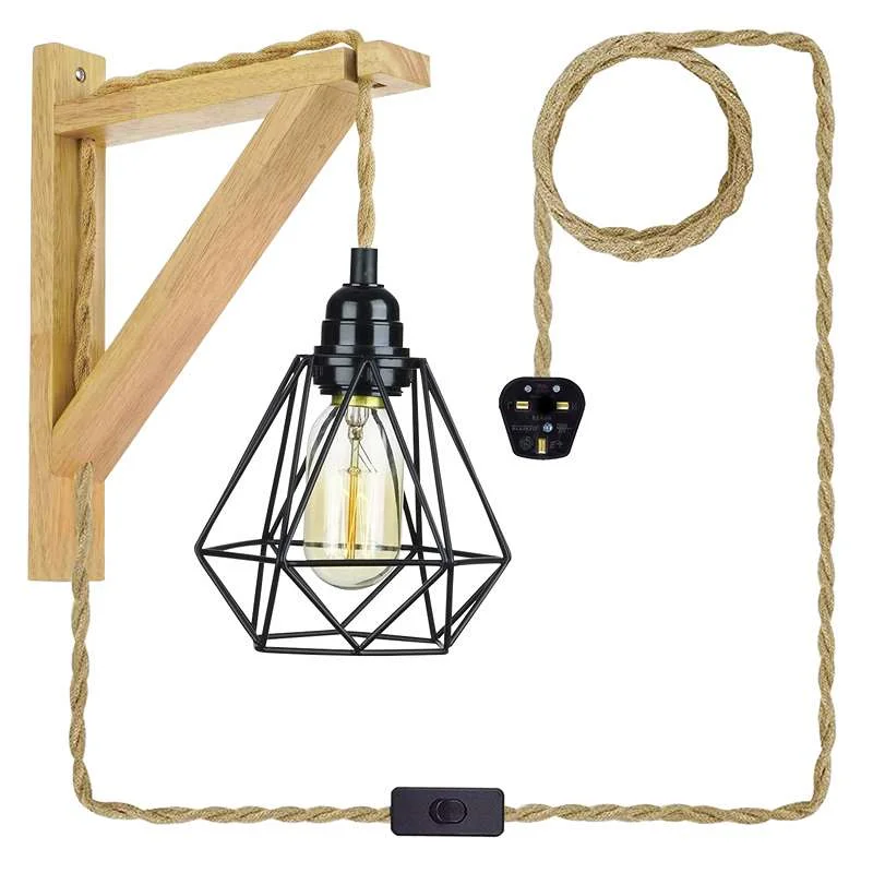 Hanging diamond cage wall light with black metal shade, wooden base, hemp rope cord, vintage style background.
