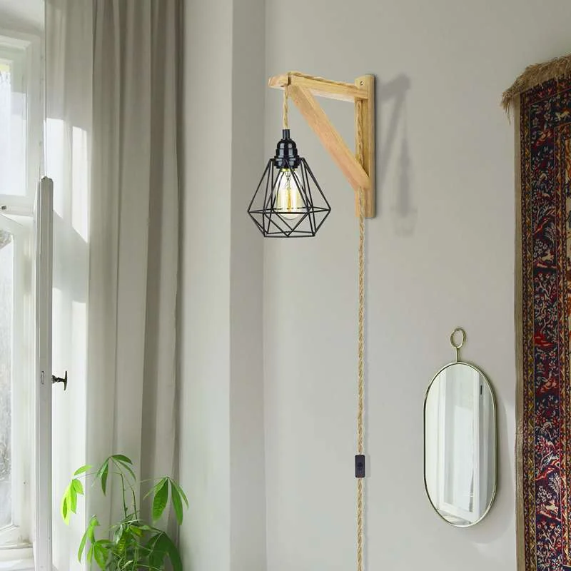 Hanging industrial wall sconce with black diamond cage shade, natural hemp rope cord, wooden base, retro vintage look