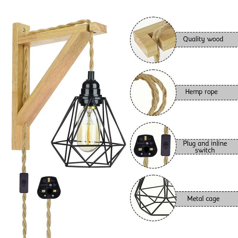 Retro wall lamp hanging on wall, featuring a black metal diamond cage shade, natural hemp rope cord, and wooden base.