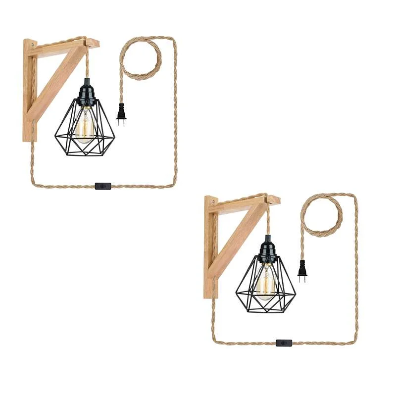 Retro wall lamp hanging from hemp rope, steel diamond cage shade, black metal, wooden base, 18cm height, 60W E27 bulb