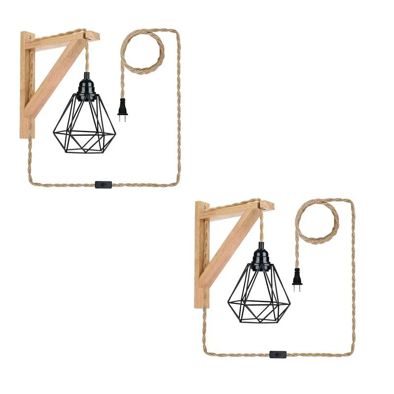 Retro wall lamp with wood base, hemp rope cord, black metal diamond cage shade hanging from wall