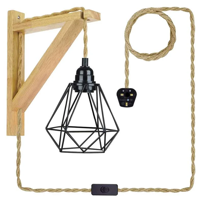 Retro wall lamp with black metal diamond cage, wood base, hemp rope suspension, 18.5 cm height