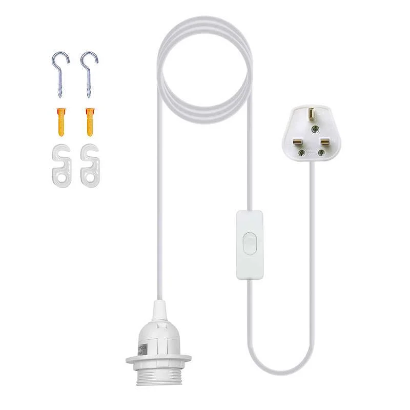 White plug in pendant light with metal and PVC body, E27 socket, cord attached, hanging from ceiling.