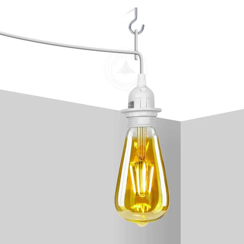 White E27 pendant light with metal and PVC body, hanging from ceiling with cord, ready to plug in.