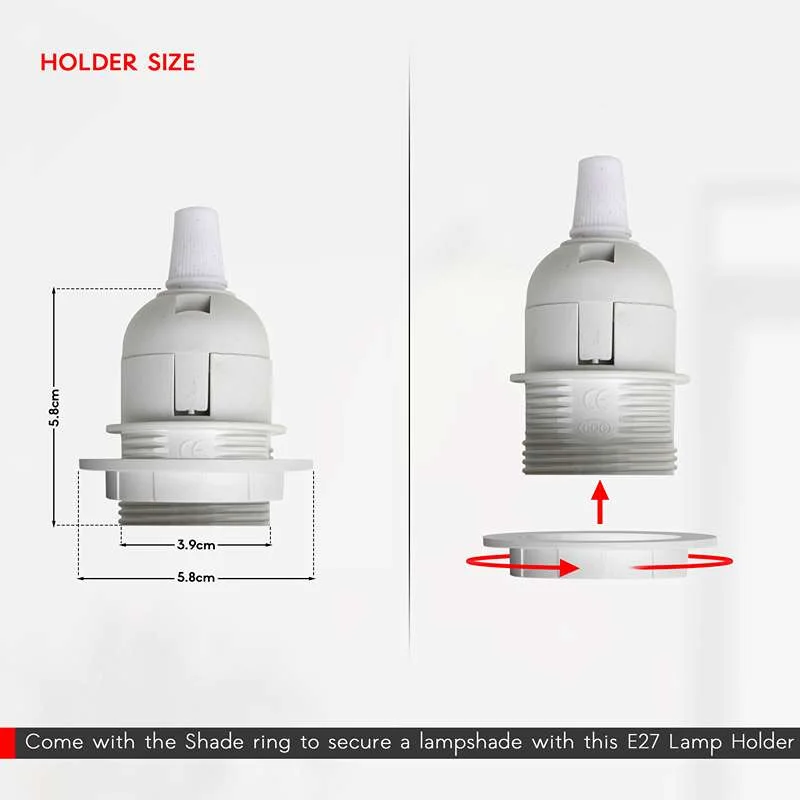 Dimmable pendant light with white socket and metal stem, plug‑in E27, suitable for indoor spaces.