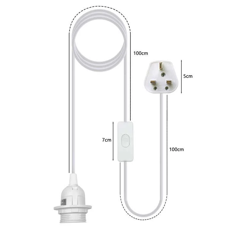 Plug in ceiling light with white socket, metal pole and PVC cord, hanging ready to connect to a standard outlet.