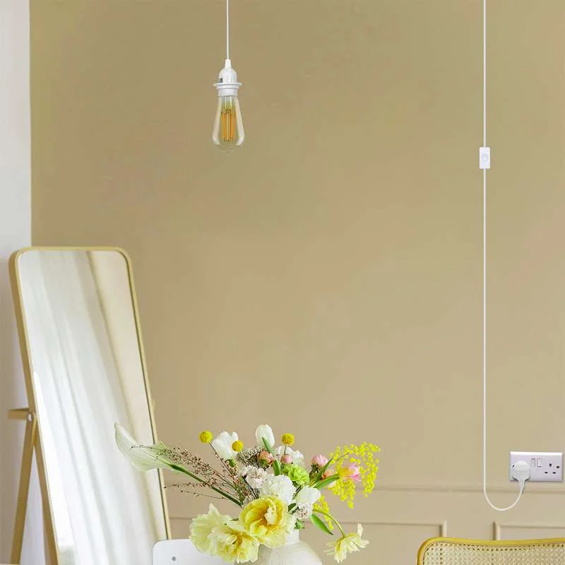 White plug in pendant light with E27 socket on metal frame, ready for LED bulb