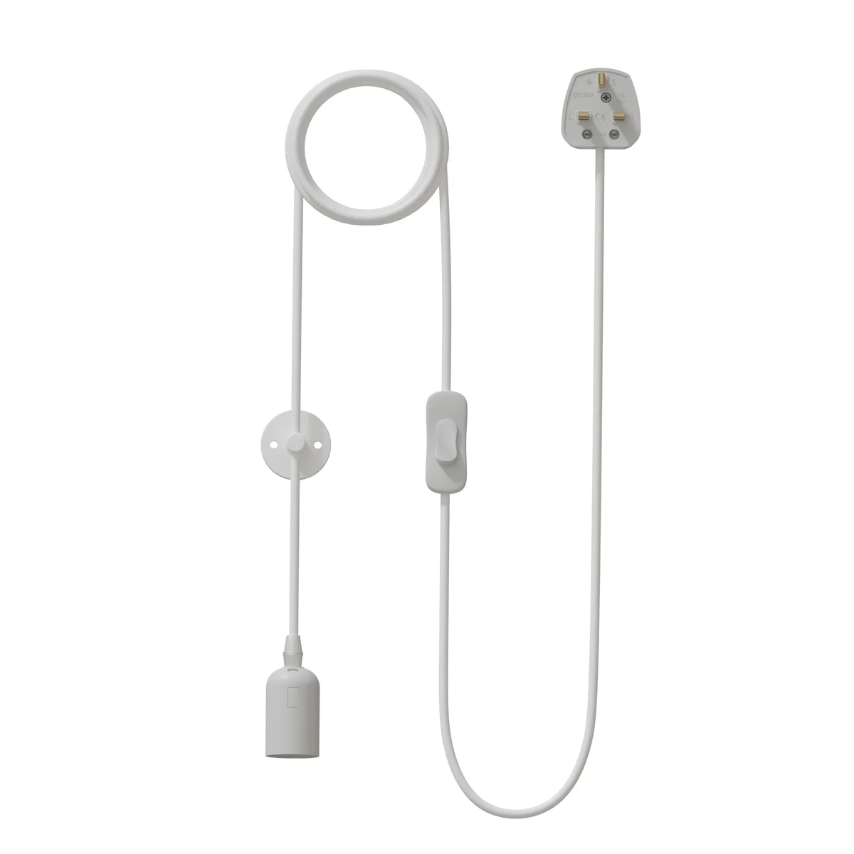 Plug in pendant light with white metal socket, PVC cord, E27 base, 60W LED capable.