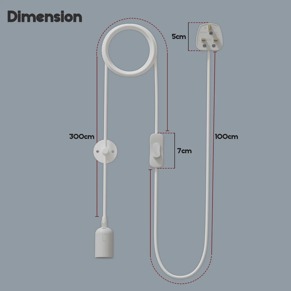 White plug in pendant light, metal PVC frame, E27 socket, hanging 2‑m cord, ideal for living rooms.