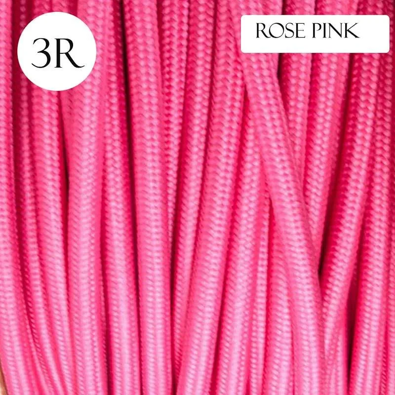 5m rose pink fabric cable with 3 cores, PVC insulated, round cross‑section, shown coiled on white base.