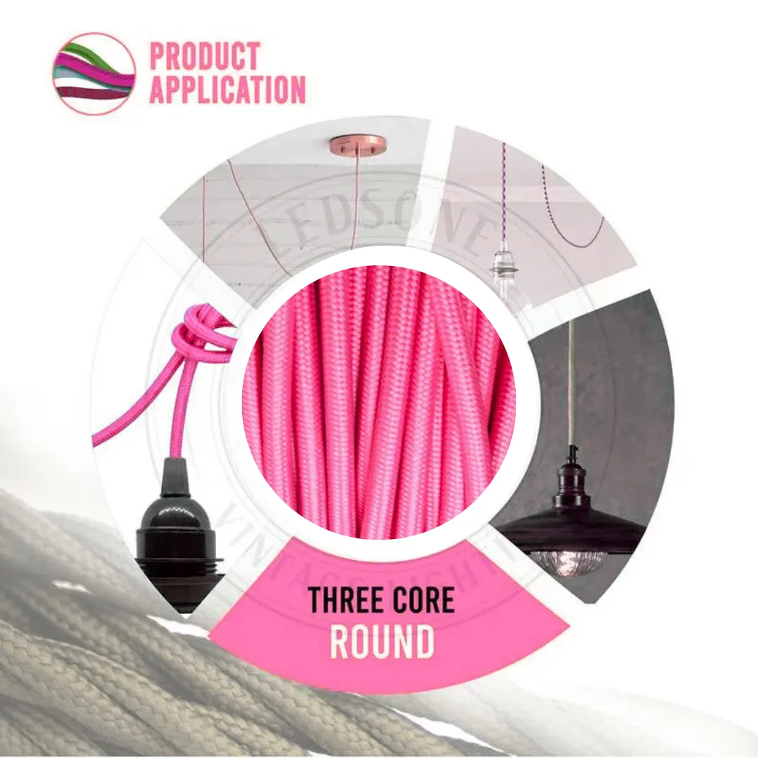 Rose pink fabric lighting cable with braided round cable and exposed rounded connector in a bright setting