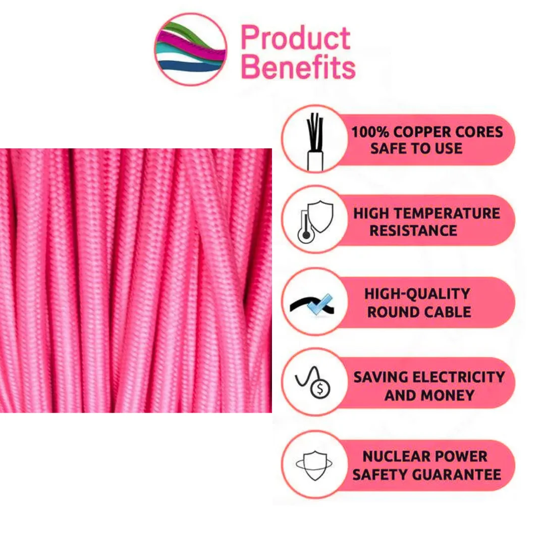 3-core round fabric cable in rose pink with braided design, showing on a flat surface