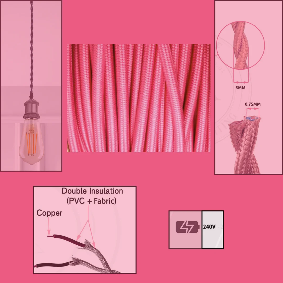 Rose pink braided lighting cable, 3‑core fabric cable with round flexible wire, coated in PVC, on white background.