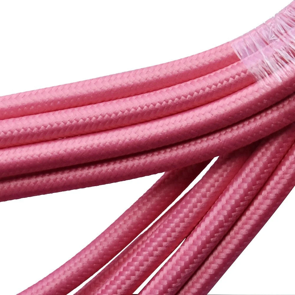 3-core rose pink fabric lighting cable, flexible braided coil with pink fabric strands.