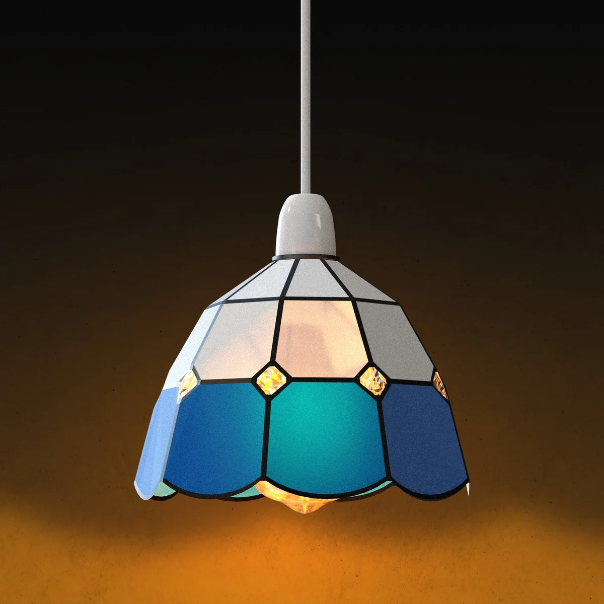 Tiffany style glass pendant lamp with vibrant stained‑glass shade hanging on a cord.
