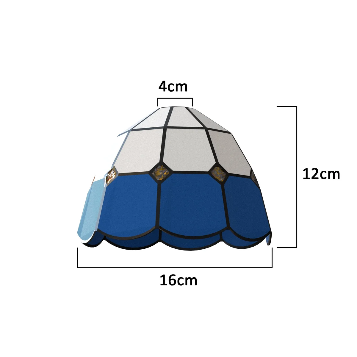 Vintage stained glass lamp shade with intricate Tiffany patterns, bright rainbow colors, 16cm x 12cm, hanging on a chain.