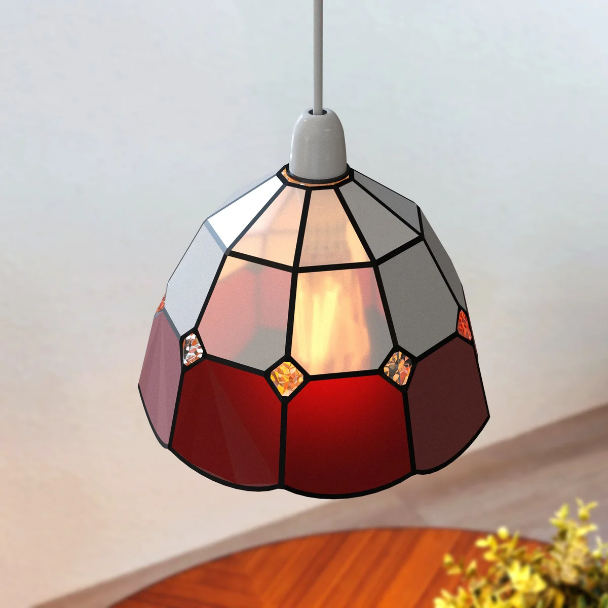 E27 bulb pendant lamp with vintage stained‑glass shade 16cm wide, 12cm tall, chain suspension, bright colourful patterns.