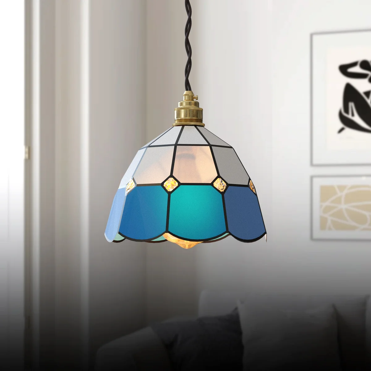 Hand crafted glass shade hanging on chain, vintage Tiffany‑style stained‑glass with colourful patterns, 16×12 cm.