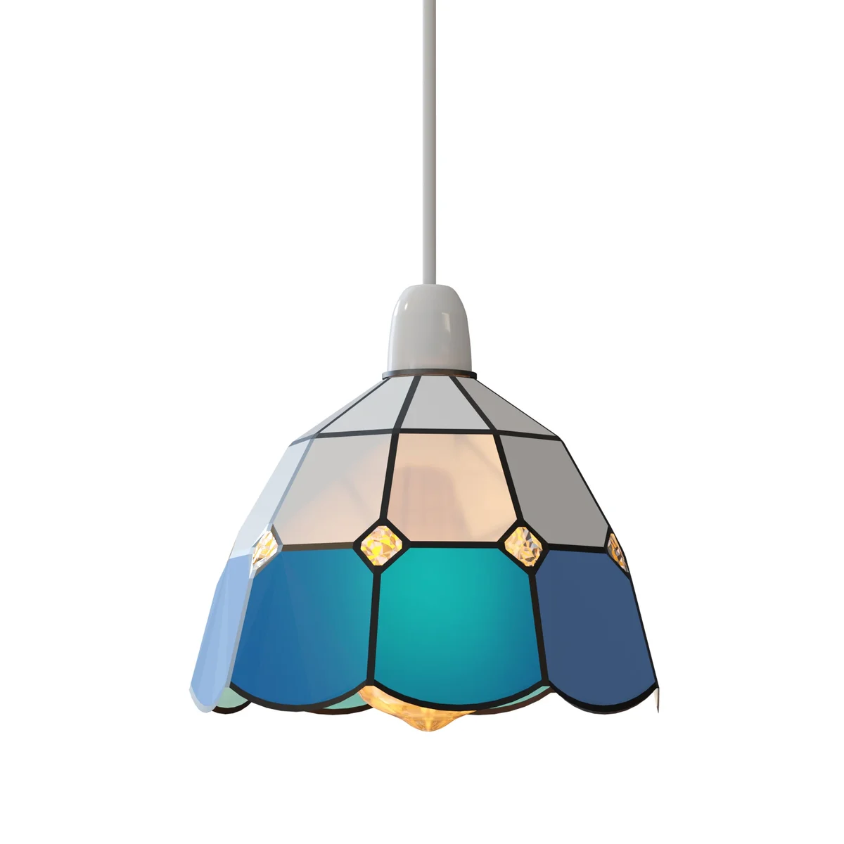 Tiffany style glass pendant with vibrant stained glass shades and chain hanger, 16cm wide, 12cm high, single LED light.