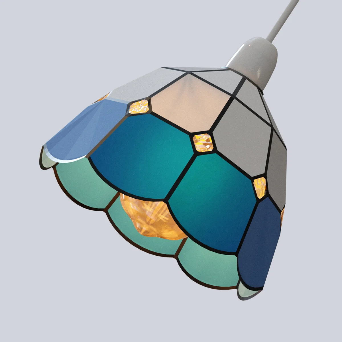 Tiffany style glass pendant with vibrant stained‑glass pattern, 16cm x 12cm, hanging on a chain, single E27 bulb.