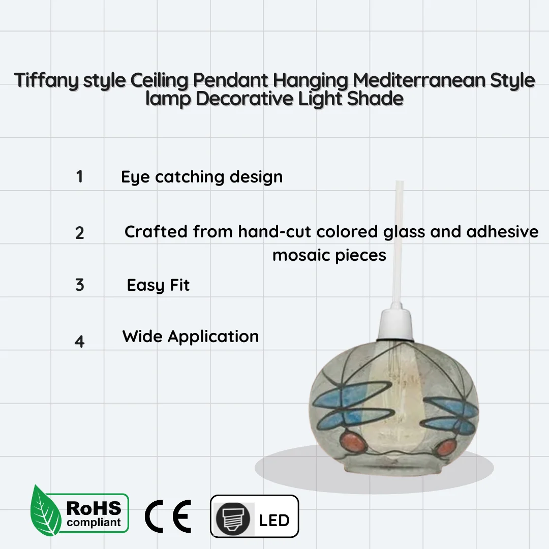 Hand‑crafted modern glass pendant shade with Tiffany‑style stained glass, rustic finish, 15cm x 10.5cm.