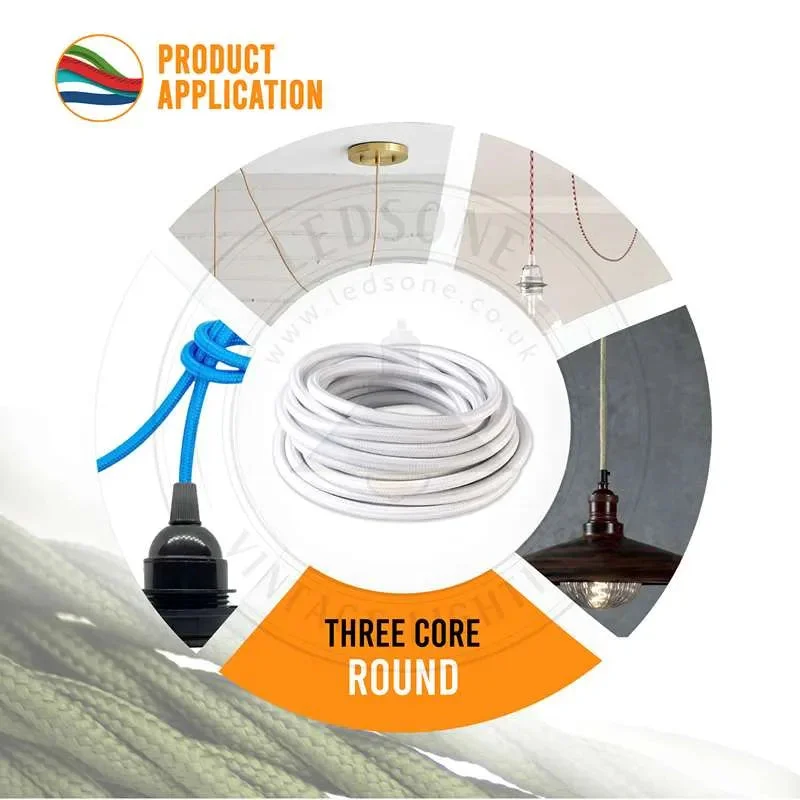 Ivory round braided 3‑core indoor lighting cable, 1m section with flexible fabric and copper cores