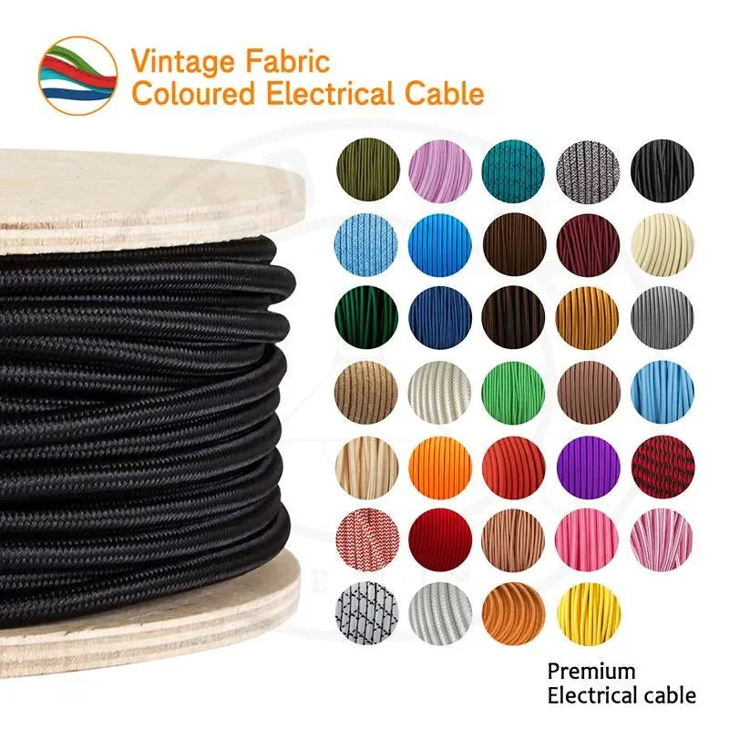 Cream 3-core round braided cable with PVC insulation and copper conductors, 0.75mm², ideal for pendant light cable.