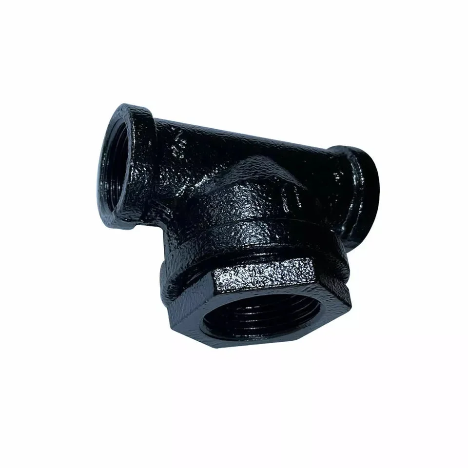 Black cast iron pipe fitting, T‑shaped connector with four mounting holes, 3/4" screw type for DIY projects.
