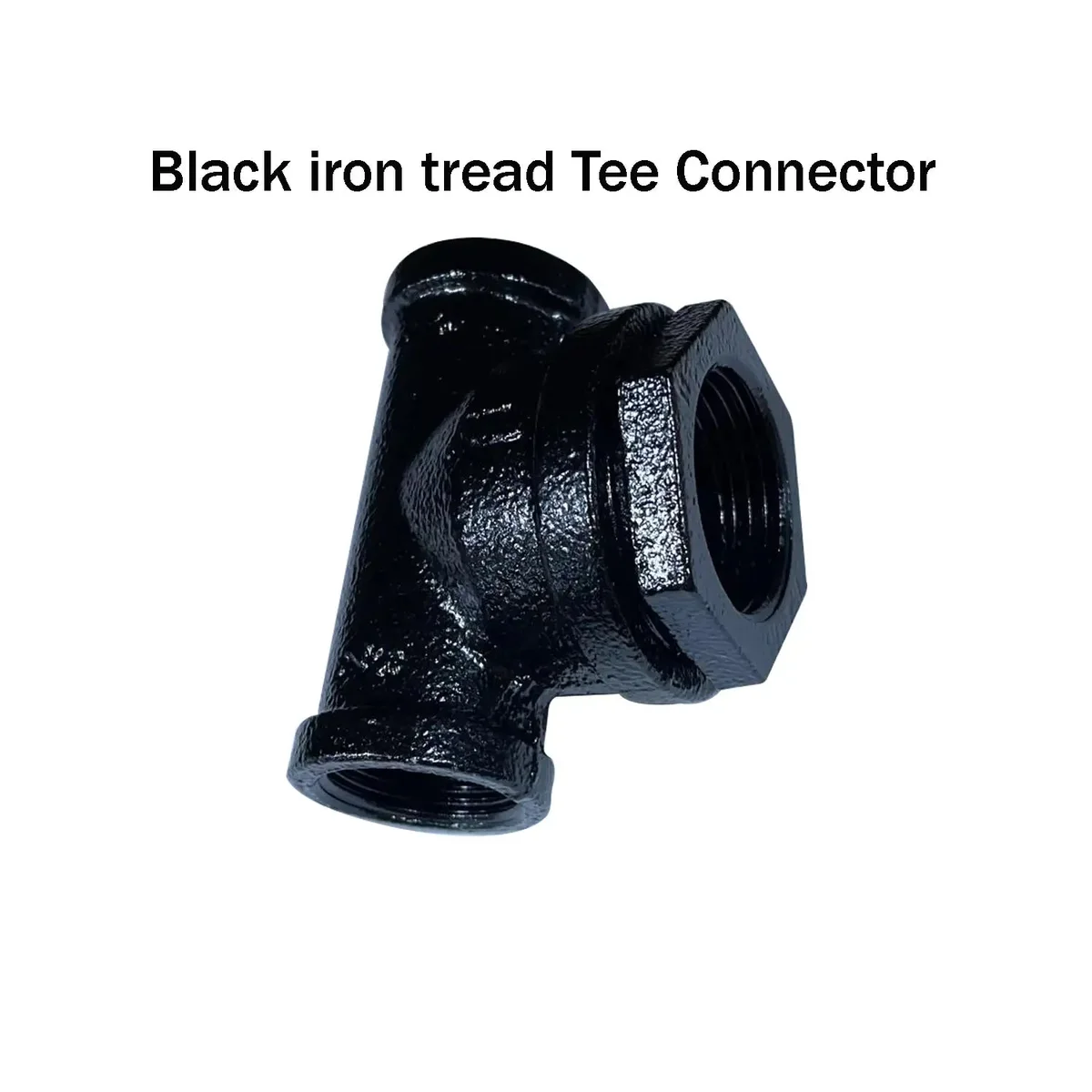 Black cast‑iron industrial pipe connector with threaded flange and four mounting holes.
