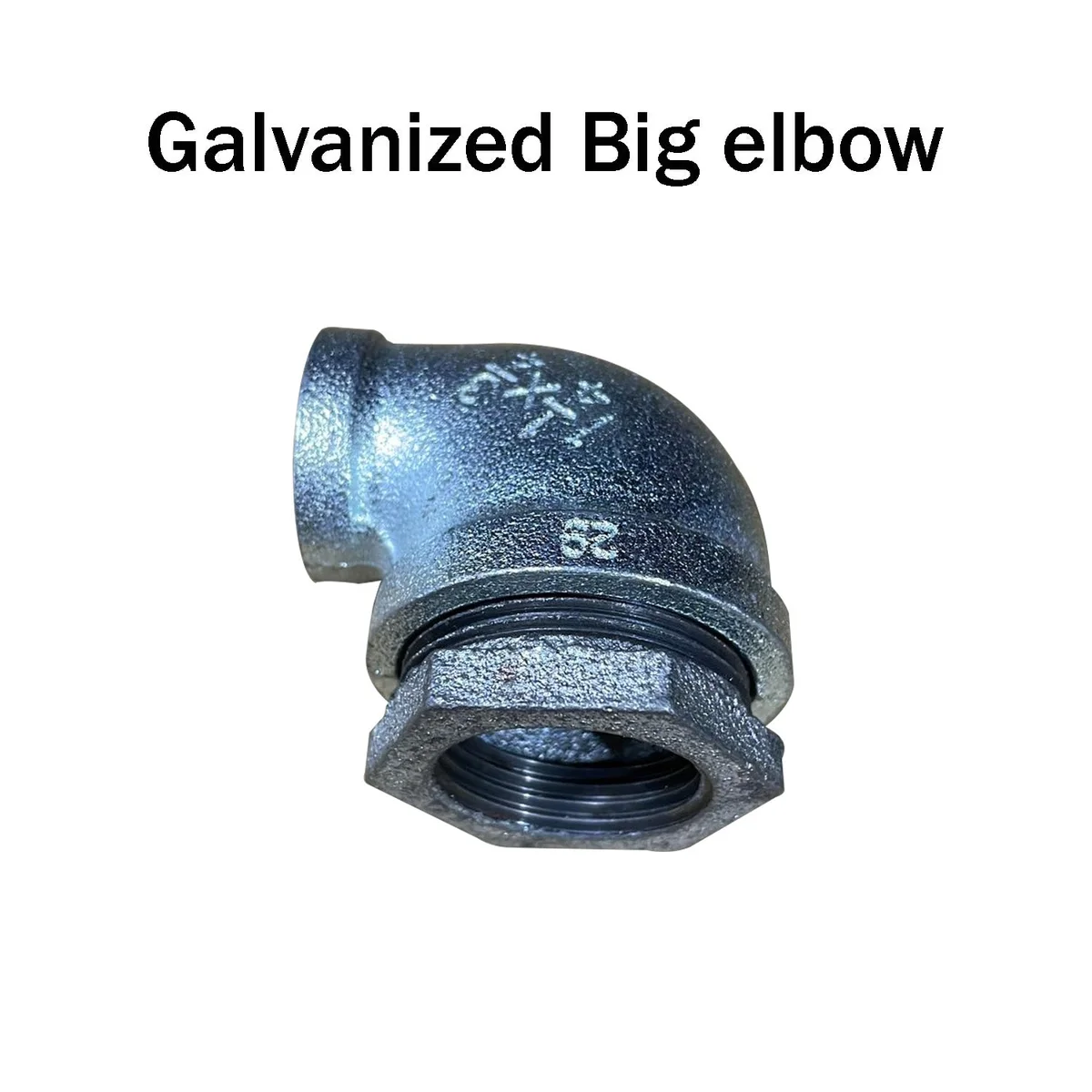 Galvanised iron pipe fitting, 90° malleable elbow shown.