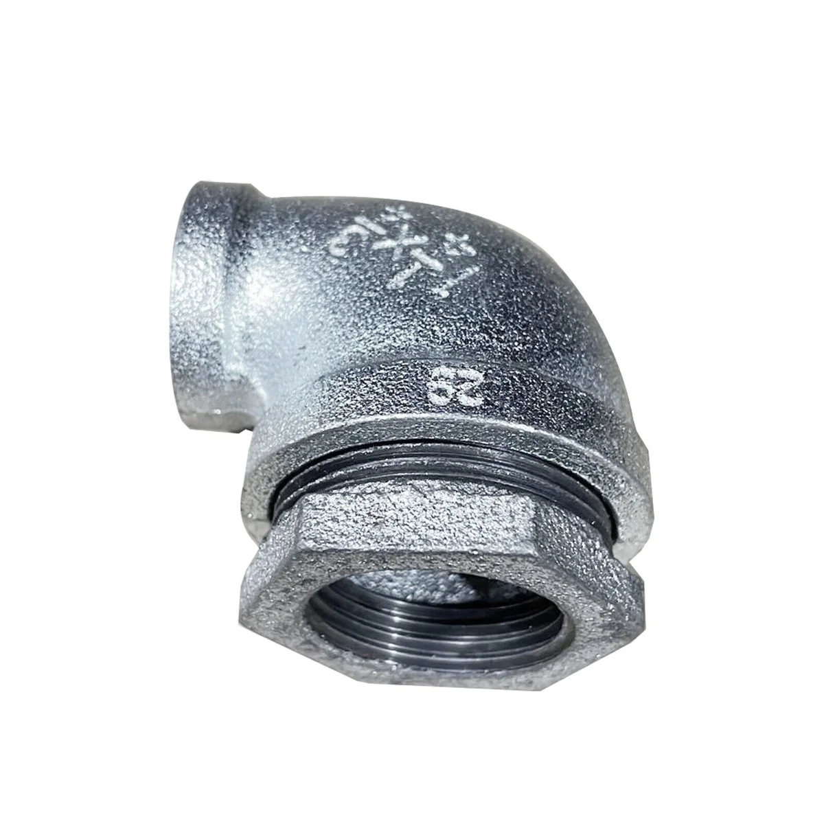 90 degree iron elbow, malleable iron, galvanized and frosted, with threaded screw access, for plumbing and DIY projects.