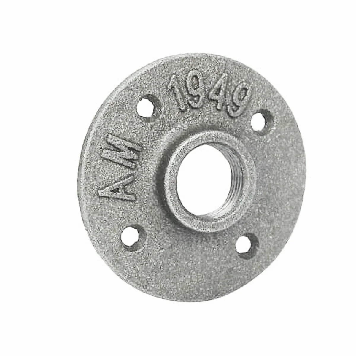 Galvanized floor flange pipe fitting with screw connection, rugged industrial design for lighting fixtures.