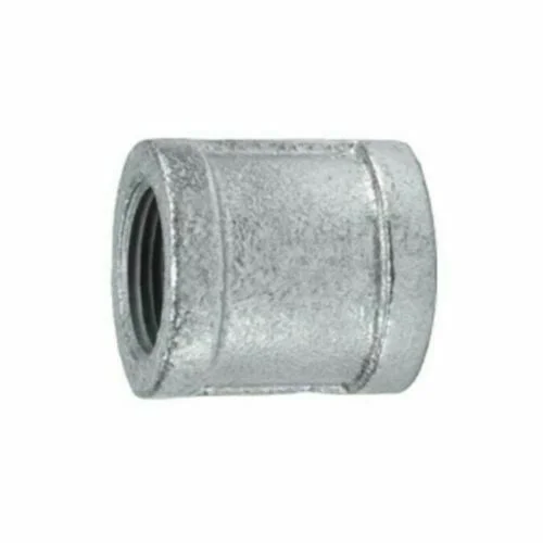 Galvanized pipe fitting coupling: cast iron 3/4” coupling with frosted surface and threaded holes for mounting.