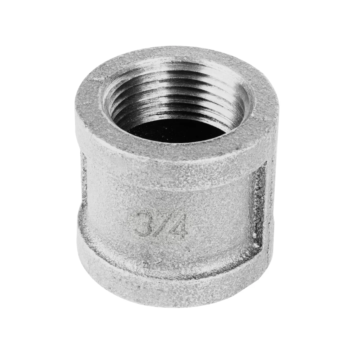 Galvanised 3/4 pipe fitting coupling, a cast iron pipe fitting with four mounting holes, rugged frosted surface.