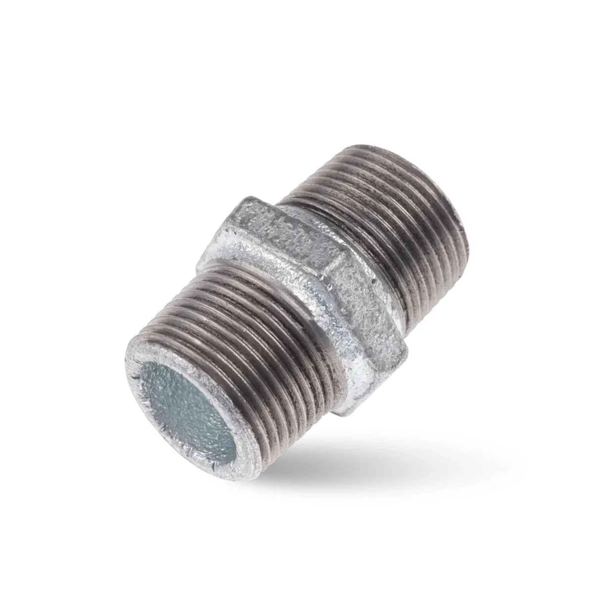 Galvanized malleable iron nipple pipe fitting, close‑up of its rugged cast‑iron body.