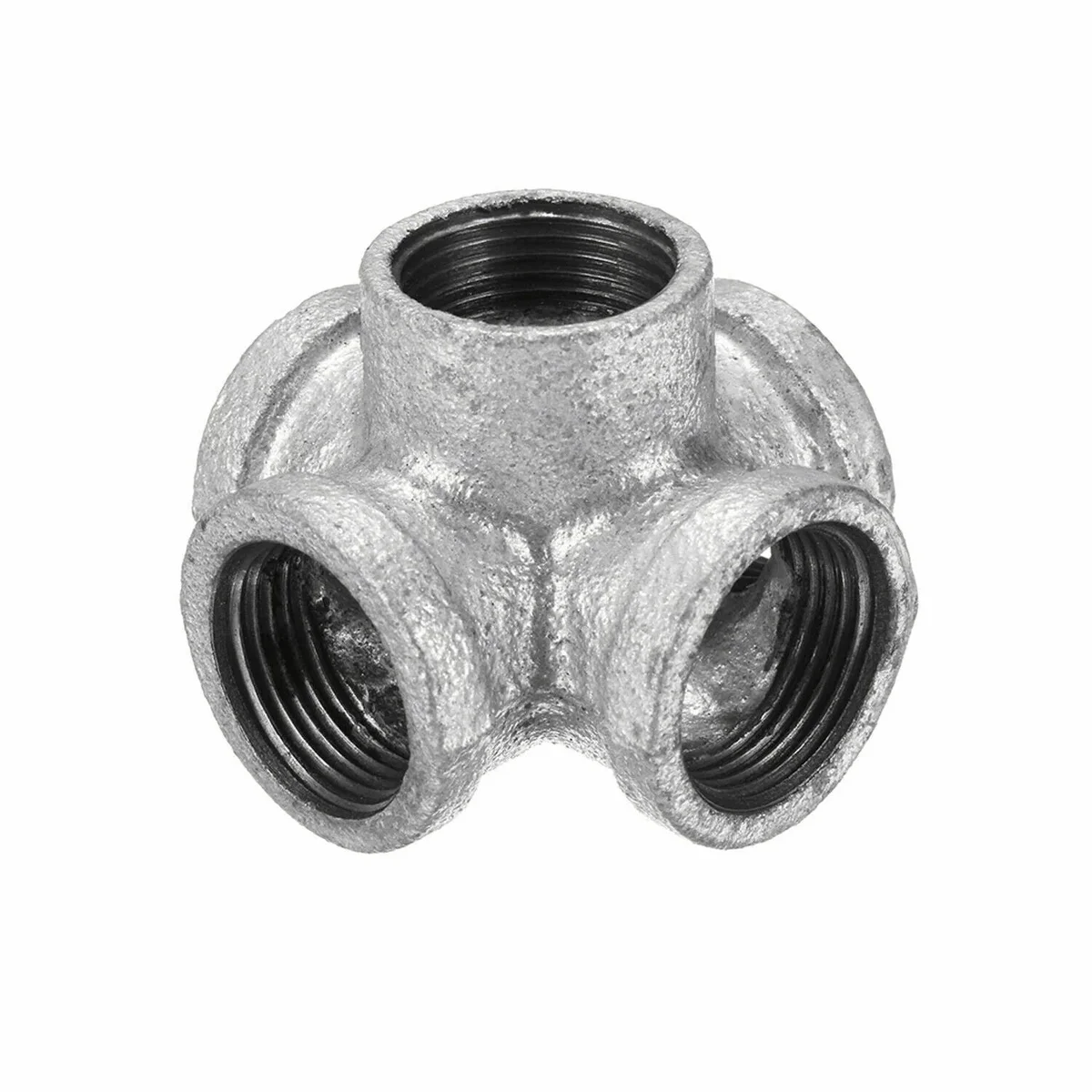 6‑way ¾‑inch BSP galvanised pipe fittings in frosted cast iron, threaded for DIY lamps and shelves