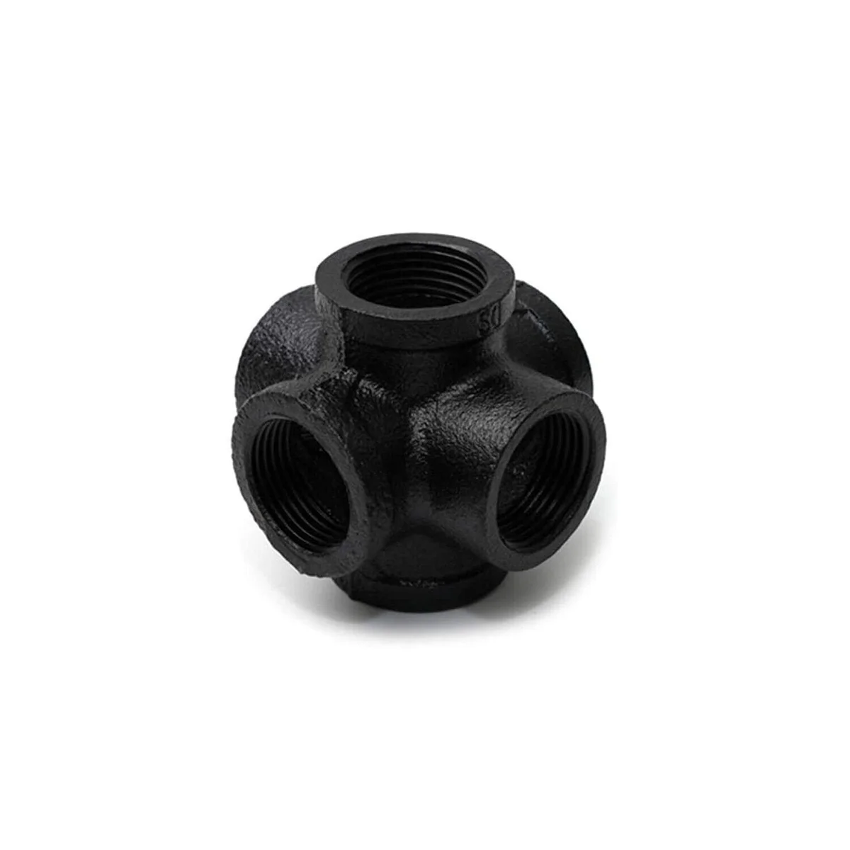 3/4 inch black painted pipe fitting made of malleable cast iron with visible screw threads