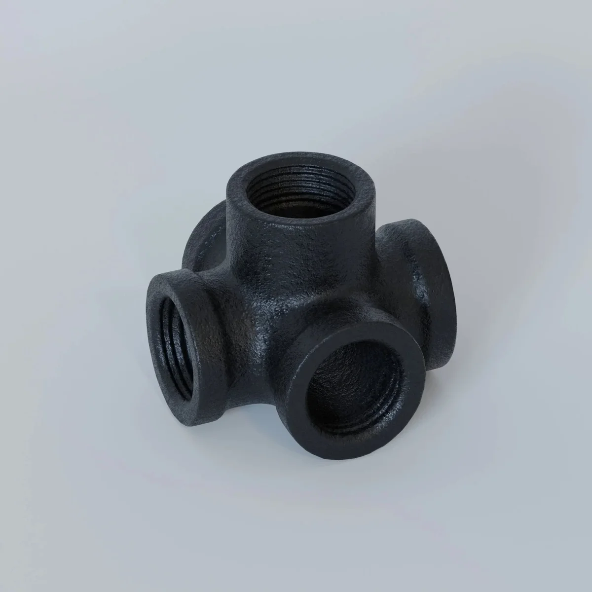 Black 5‑way cast iron pipe fittings, ¾ inch BSP, designed for DIY projects, shown alone on a white background.