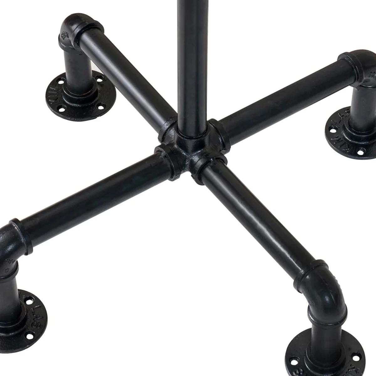 Black 3/4 inch pipe connector made of cast iron, five‑way design with screw threads, shown on a flat background.