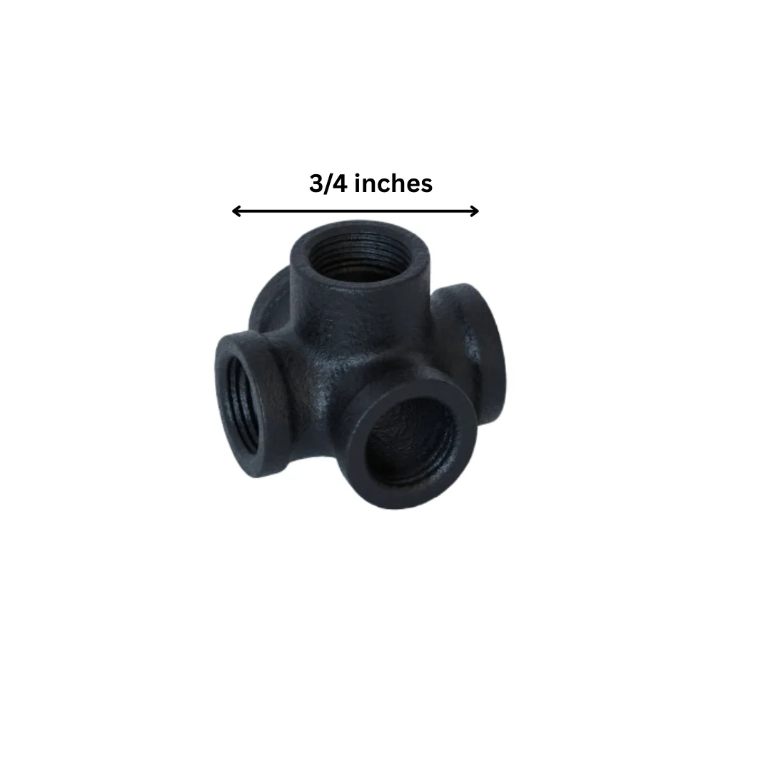 Black 5‑way cast‑iron pipe fitting, 3/4 inch, screw threads, decorative pipe fittings for DIY projects