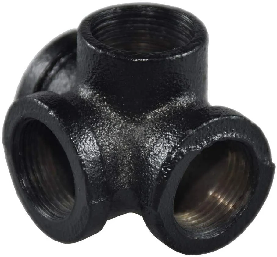 Black painted ¾ inch BSP malleable iron pipe fittings in a 4‑way configuration for DIY lighting and furniture projects