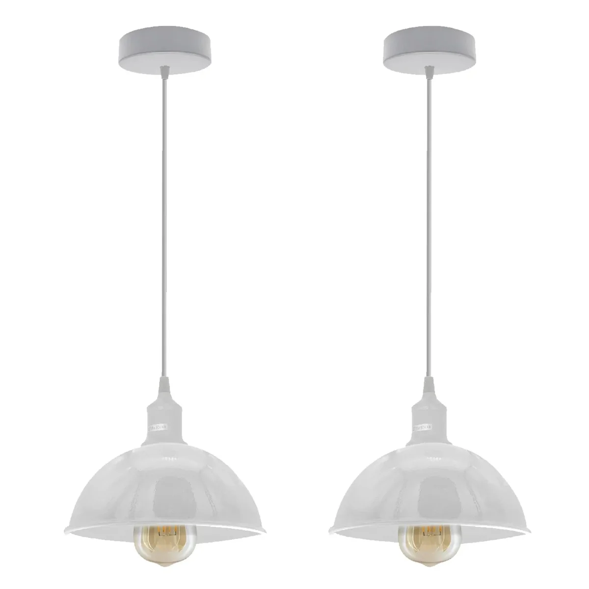 Pair of white dome lamp shades on vintage metal pendant holders with spray‑painted finish.