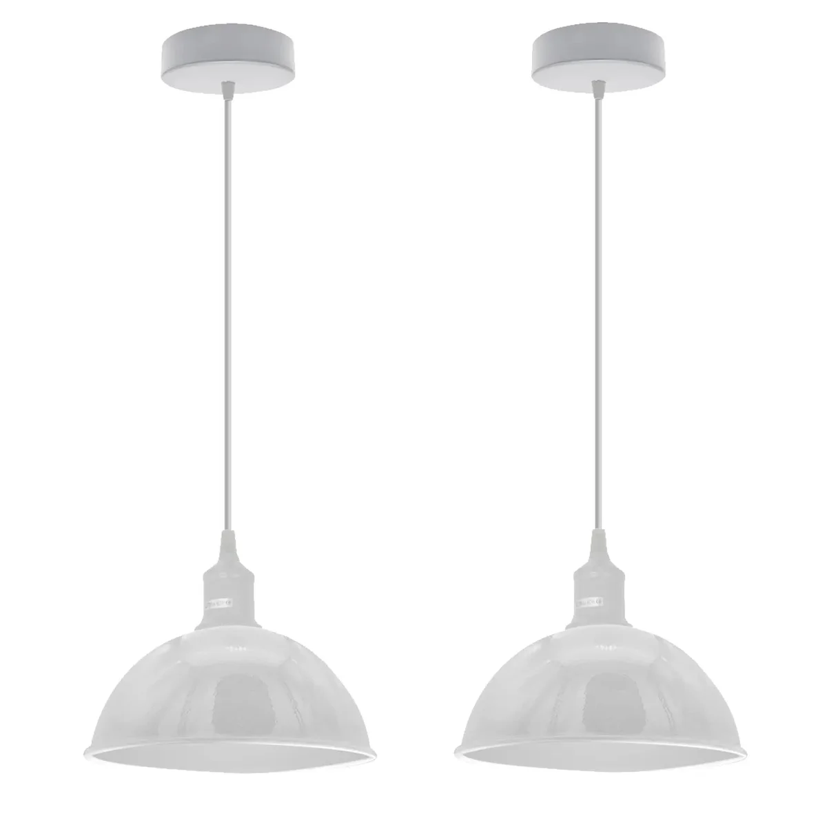 Double white dome metal pendant lamps with spray painted finish, suited to dimmable ceiling lights.