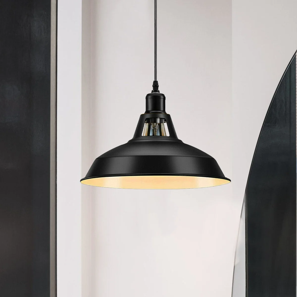 Modern metal ceiling light with metal shade hanging on 95 cm PVC cable, industrial style metal pendant.
