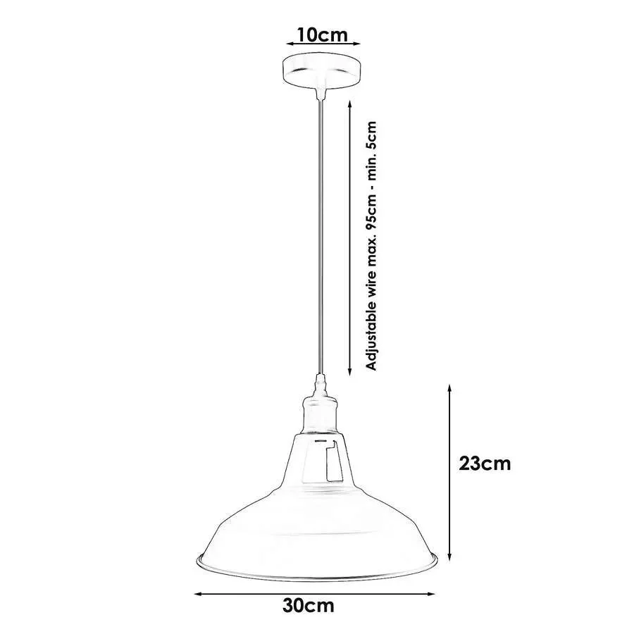 Metal ceiling pendant with industrial design, hanging from ceiling via PVC cable, featuring metal shade.