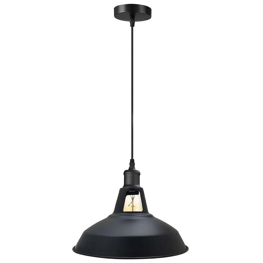 Modern metal ceiling light with a sleek metal shade hanging from a 95cm PVC cable, mounted on a 10cm by 2cm ceiling plate.