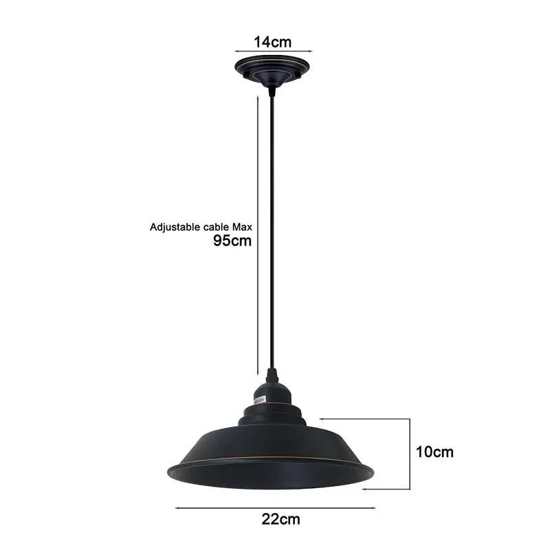 Black industrial pendant light with metal frame, vintage style, hanging from ceiling, E27 base, dimmable.