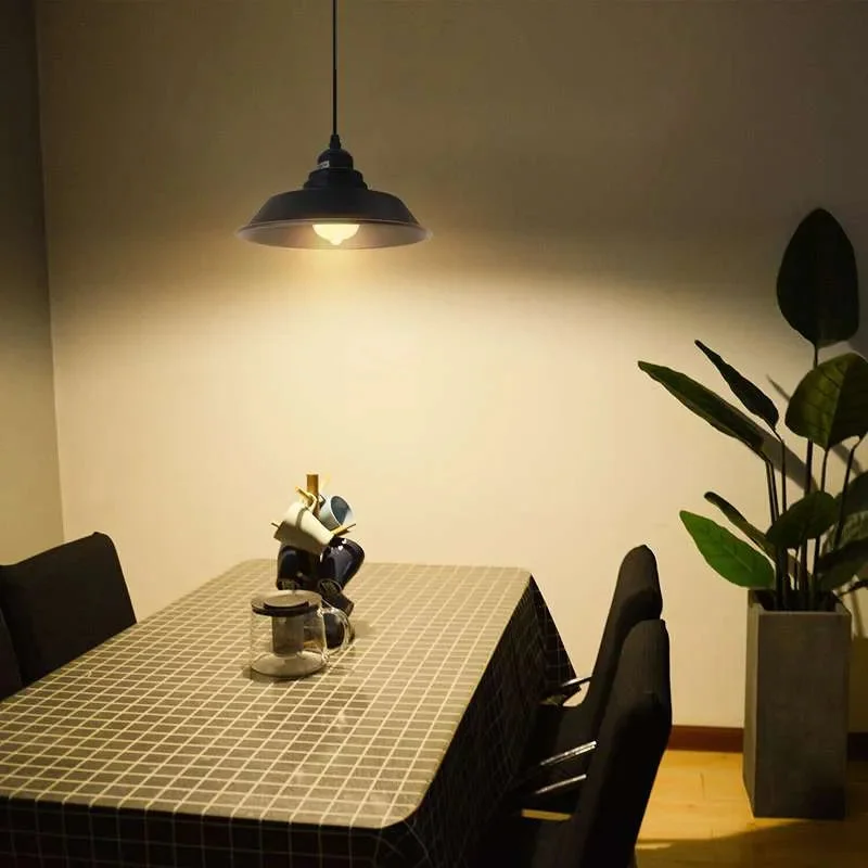 Black industrial retro vintage ceiling light hanging from ceiling with E27 base and adjustable dimmer.
