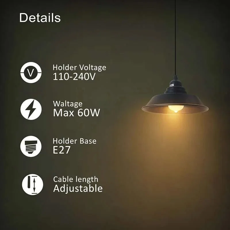 Black vintage adjustable pendant lamp with metal base, dimmable, hanging from ceiling.