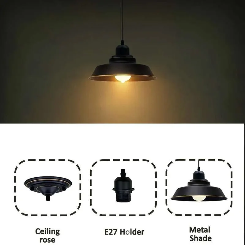 Black industrial vintage E27 pendant light, metal frame, round shade.